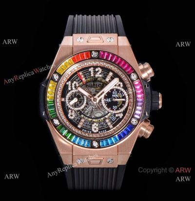 Swiss Grade 1 Copy Hublot Big Bang Unico 7750 Watch Rose Gold Rainbow Bezel 45.5mm